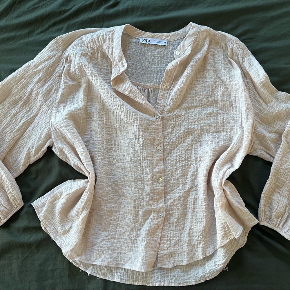 Zara Women's Oatmeal Cream Textured 3/4 Sleeve Crop Blouse Women’s Medium EUC